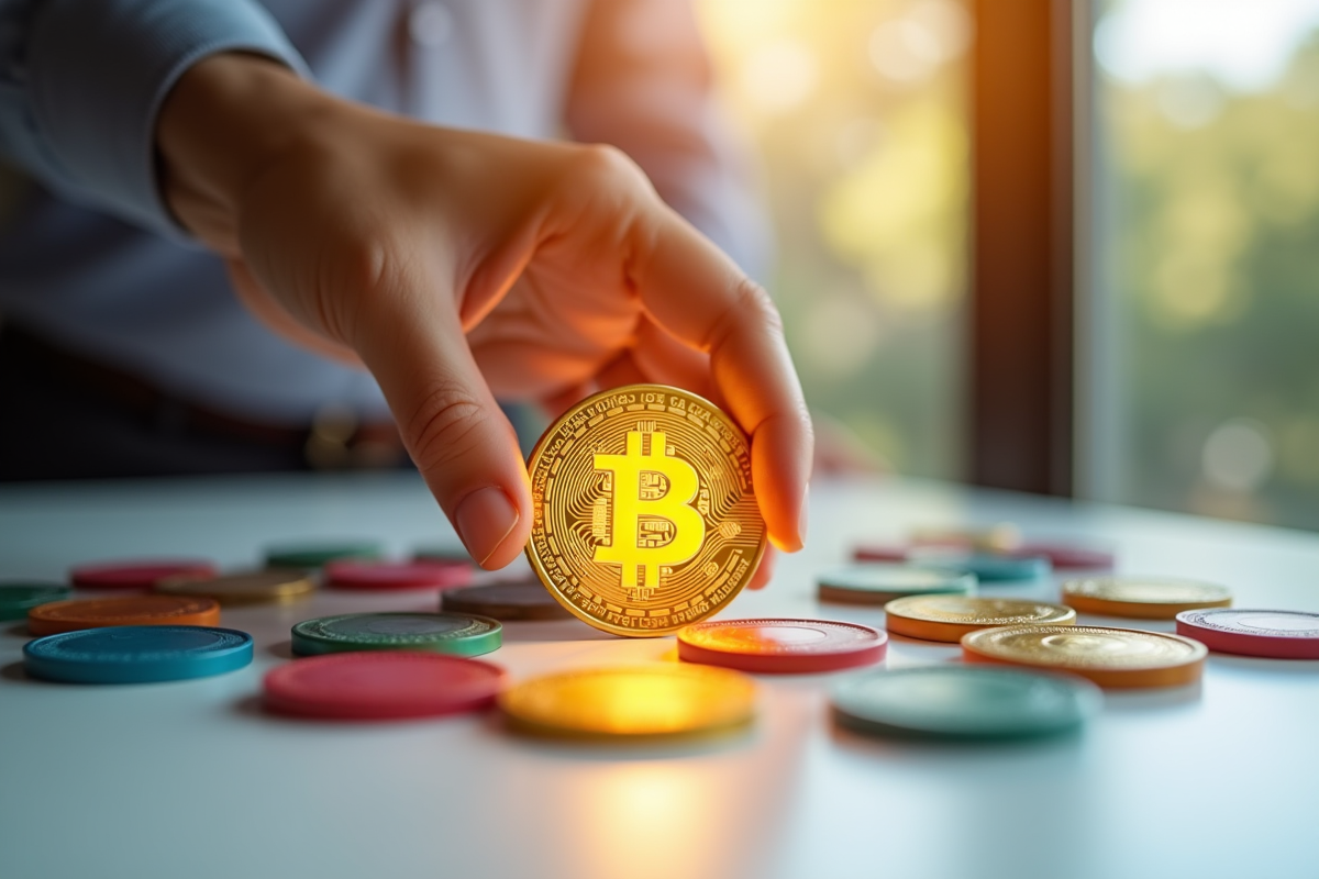 Main hésitante au-dessus d un bitcoin et des jetons de casino