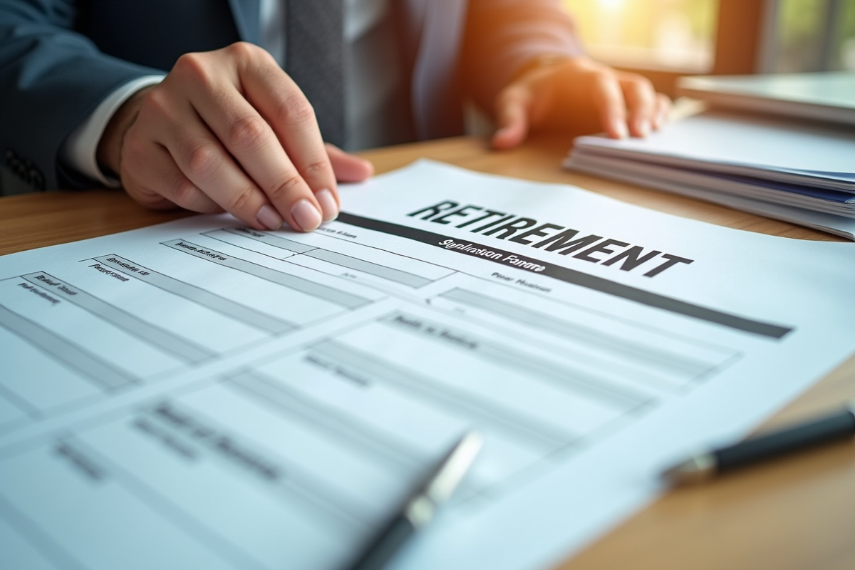 Main dépose un formulaire de retraite sur une pile de documents dans un bureau moderne