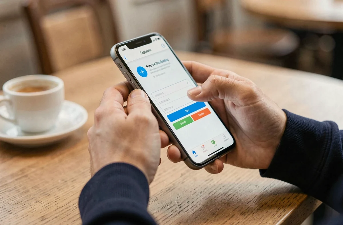 Mains tenant un smartphone pour saisir un mot de passe sur une application bancaire sécurisée