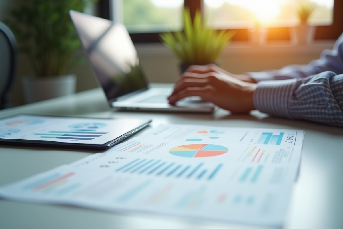 Mains tapant sur un ordinateur portable avec documents financiers