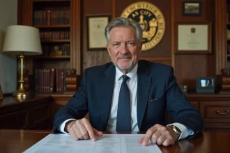 Maire en costume dans son bureau municipal