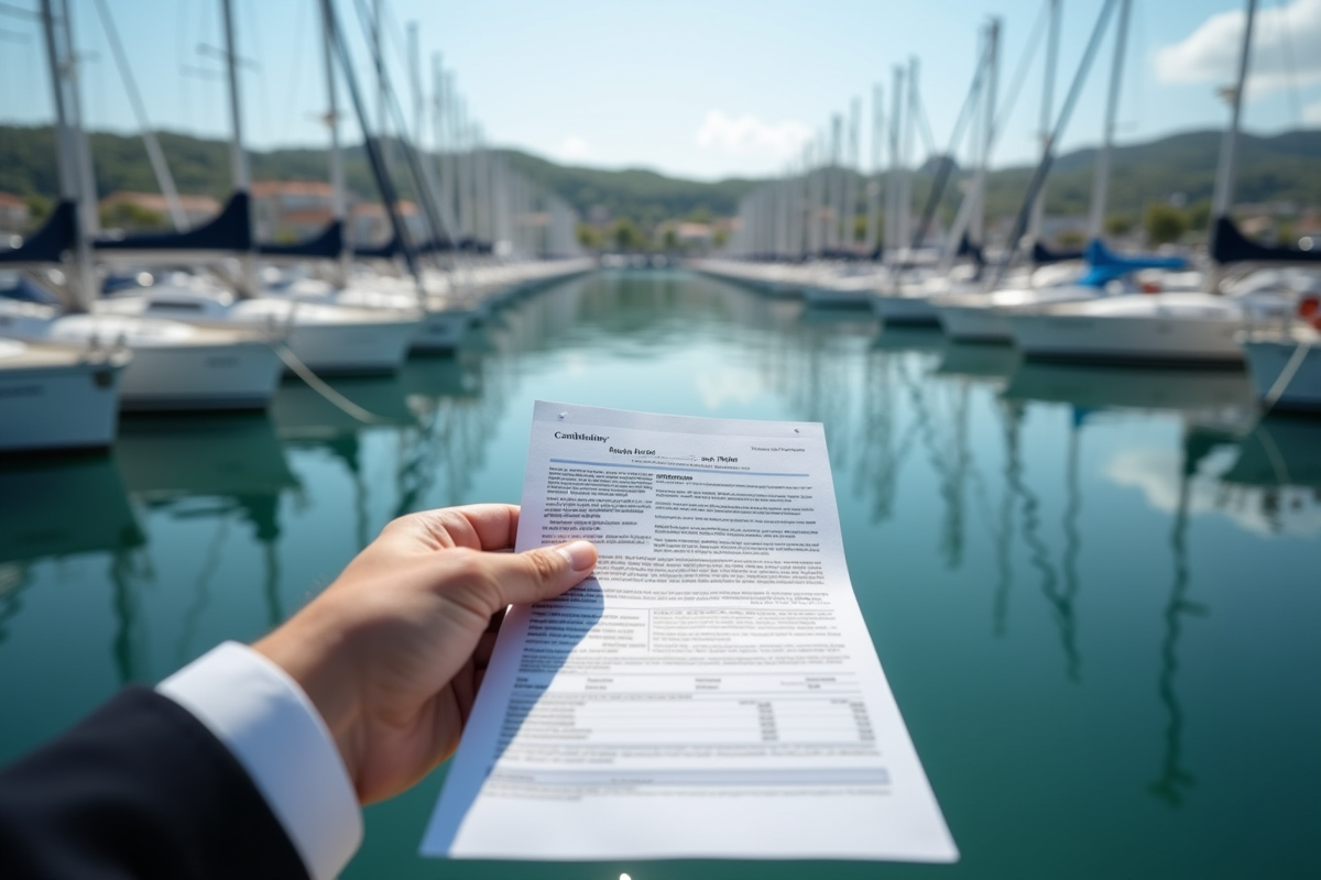Marina vue du dessus avec voiliers et main tenant un contrat de prêt