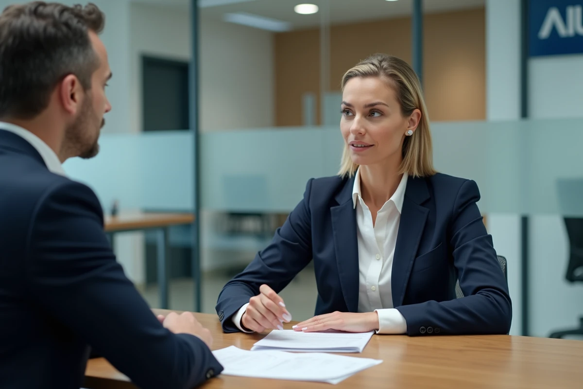 Femme en rendez-vous bancaire négociant un compte à terme avec un conseiller Crédit Agricole dans une agence moderne
