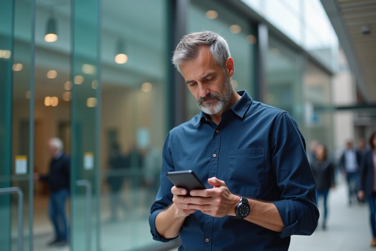 Homme consultant une application de paiement mobile Wero devant une agence bancaire en ville