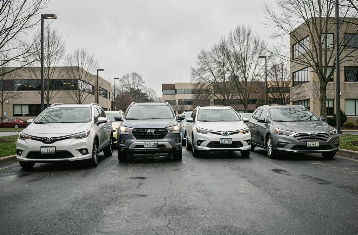 Rangée de véhicules de société dans un parc automobile d'entreprise en attente de renouvellement dans le cadre de la transition TVS 2026