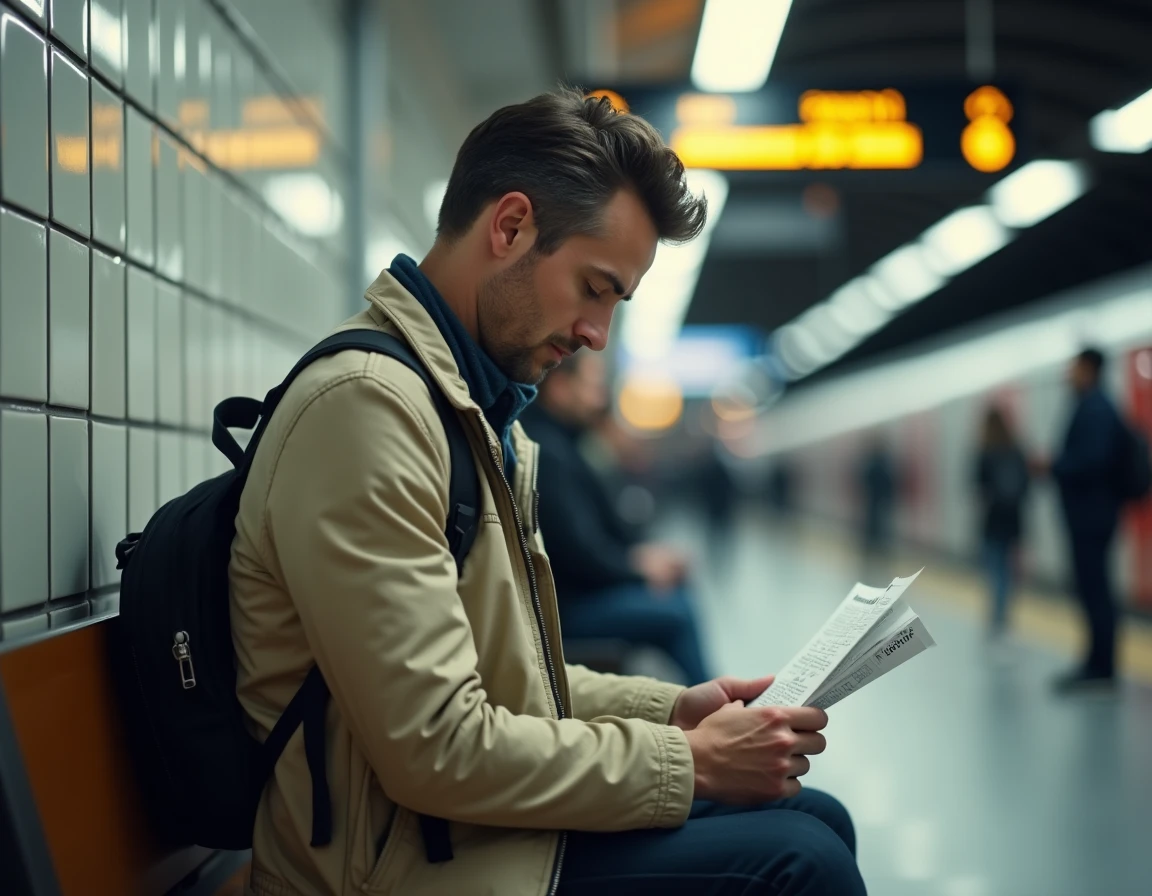 Voyageur lisant un avis d'amende RATP dans une gare RER à Paris