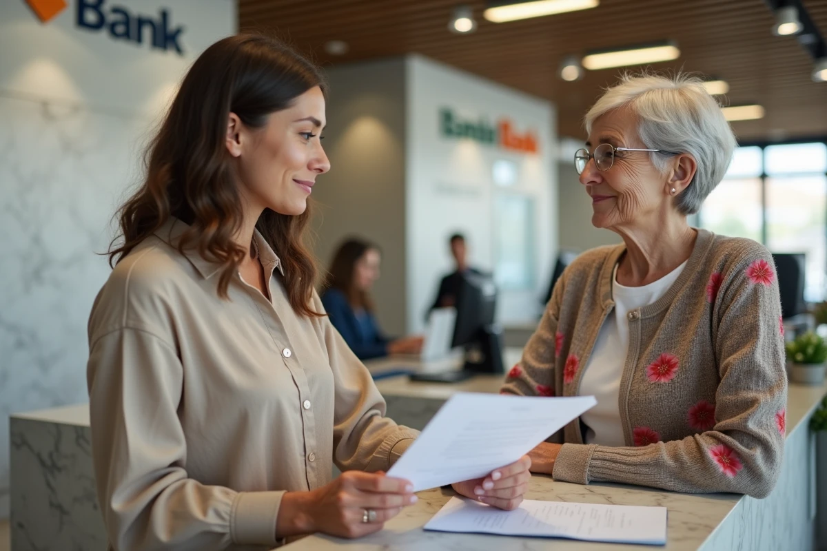Deux femmes effectuent le paiement d'une facture pour un proche au guichet d'une agence bancaire, démarche administrative en famille