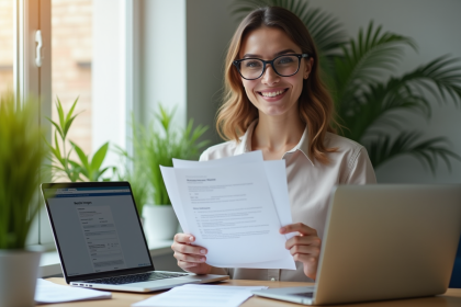 Personne souriante tenant des documents officiels à un bureau moderne