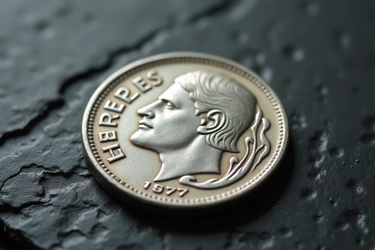 Pièce de 50 francs Hercule 1977 en argent posée sur ardoise, détails gravés visibles
