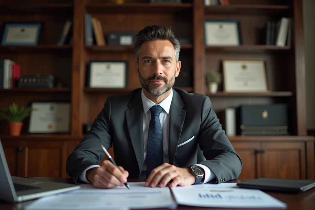 Portrait d'un homme d'affaires prospère assis à son bureau exécutif entouré de documents financiers, évoquant la gestion de patrimoine et la fortune