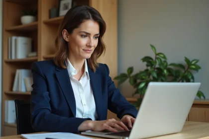 Femme professionnelle effectuant sa première connexion à l'espace Filibanque CIC sur un ordinateur portable dans un bureau à domicile