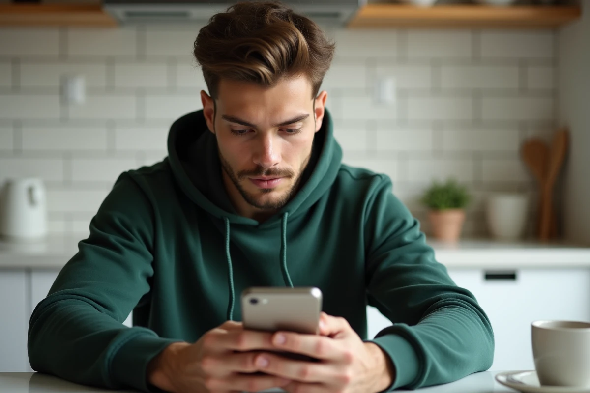Jeune adulte réalisant la première connexion Filibanque CIC sur smartphone dans une cuisine moderne