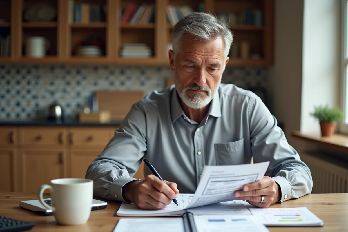 Homme préparant sa stratégie de négociation de taux pour un compte à terme en consultant ses documents bancaires à domicile