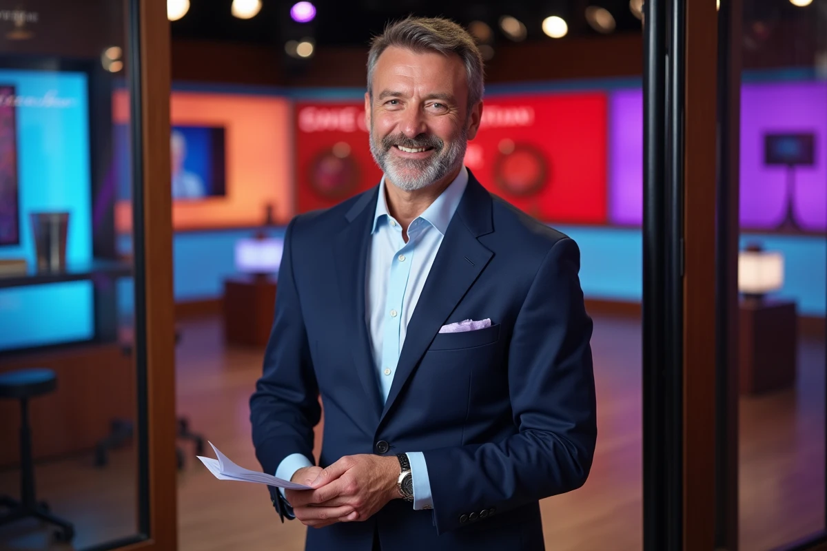 Homme en costume dans un studio de jeu télévisé français
