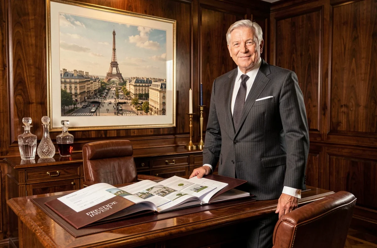 Conseiller senior Prestige Invest dans un bureau luxueux présentant des dossiers d'investissement locatif parisien haut de gamme