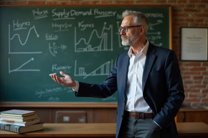 Professeur d'économie expliquant le keynésianisme devant un tableau noir avec des graphiques économiques dans un amphithéâtre universitaire