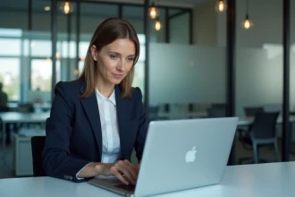 Professionnelle financière analysant des données de traitement de prêts sur un ordinateur portable dans un bureau moderne
