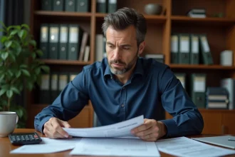 Propriétaire analysant des documents fiscaux liés à la taxe foncière et aux revenus fonciers à son bureau