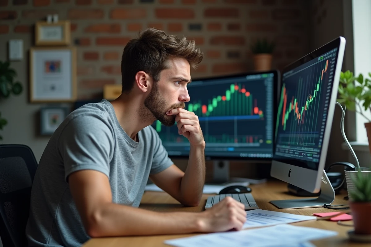 Jeune trader débutant scrutant des graphiques de cryptomonnaies sur un bureau à domicile avec une expression d'anxiété concentrée