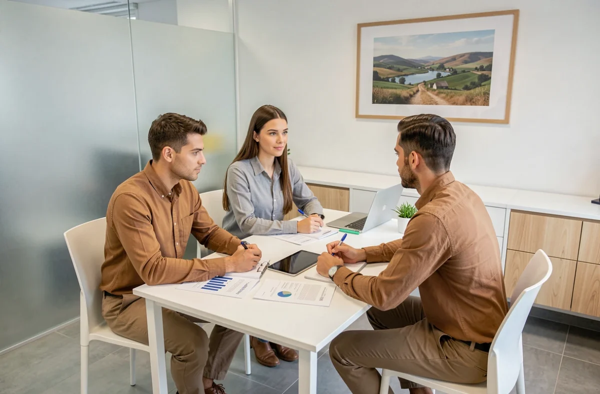 Deux jeunes actifs en rendez-vous avec un conseiller du Crédit Agricole Nord Midi-Pyrénées pour un projet immobilier