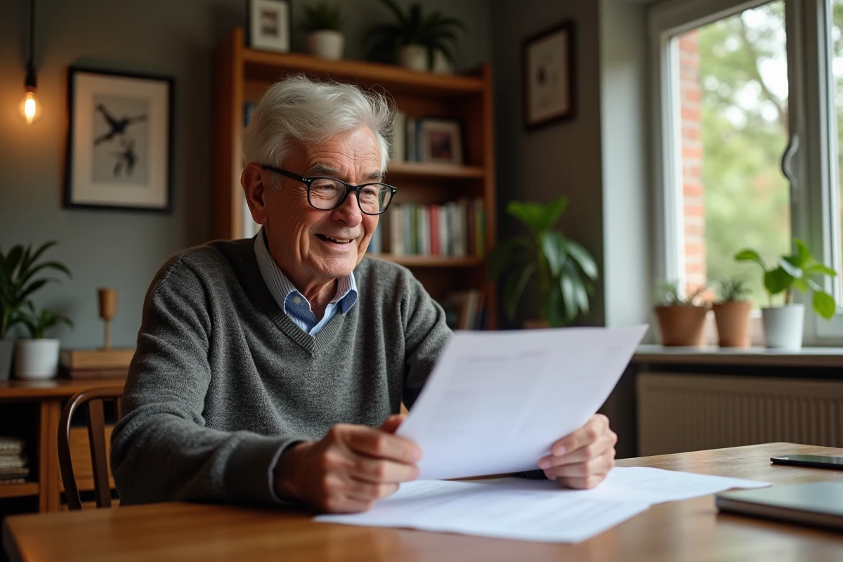 Homme retraité examine documents de pension à la maison