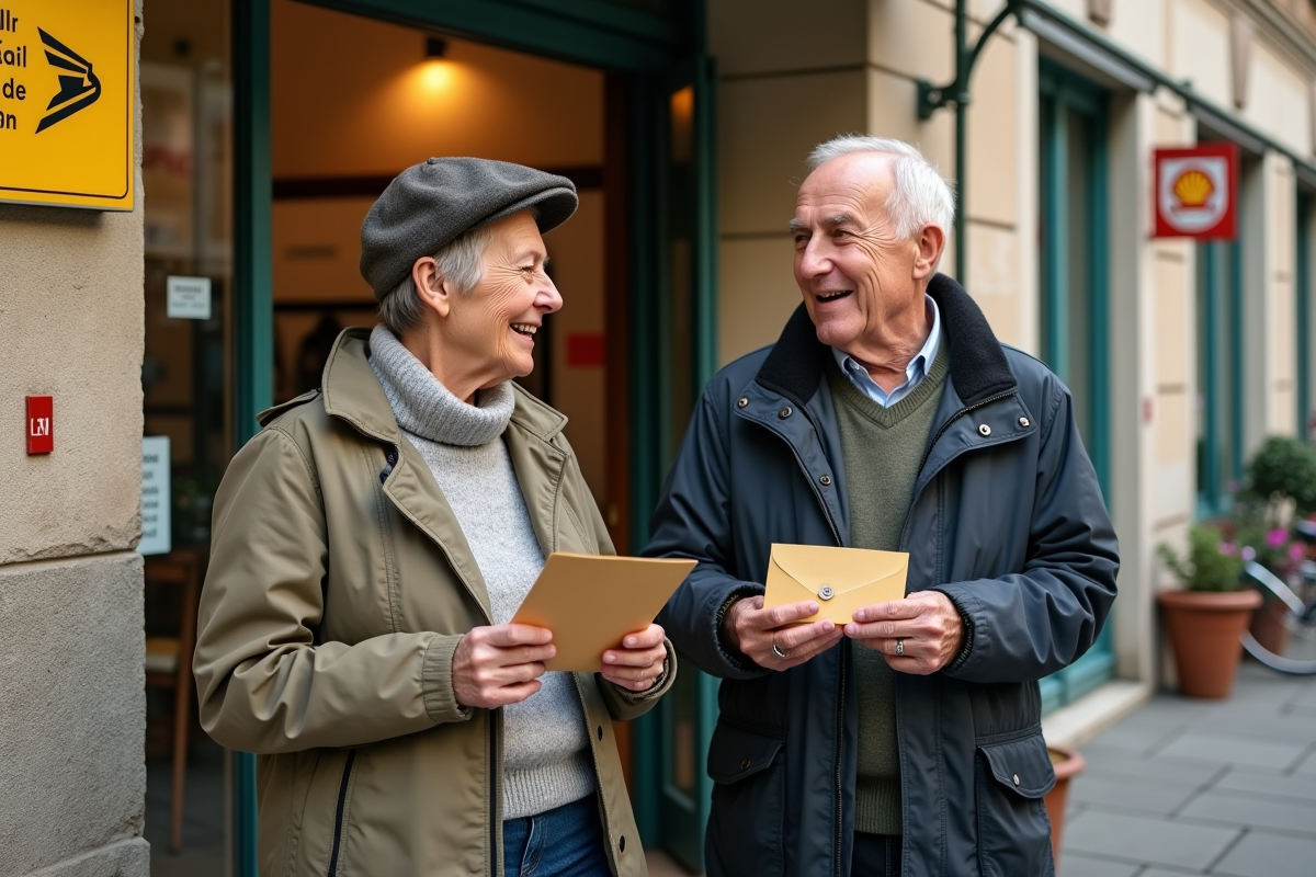 Deux retraités discutant devant une poste avec enveloppes