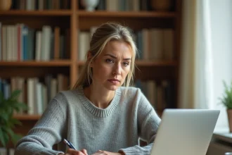 Femme cherchant son identifiant Société Générale sur son ordinateur portable à domicile