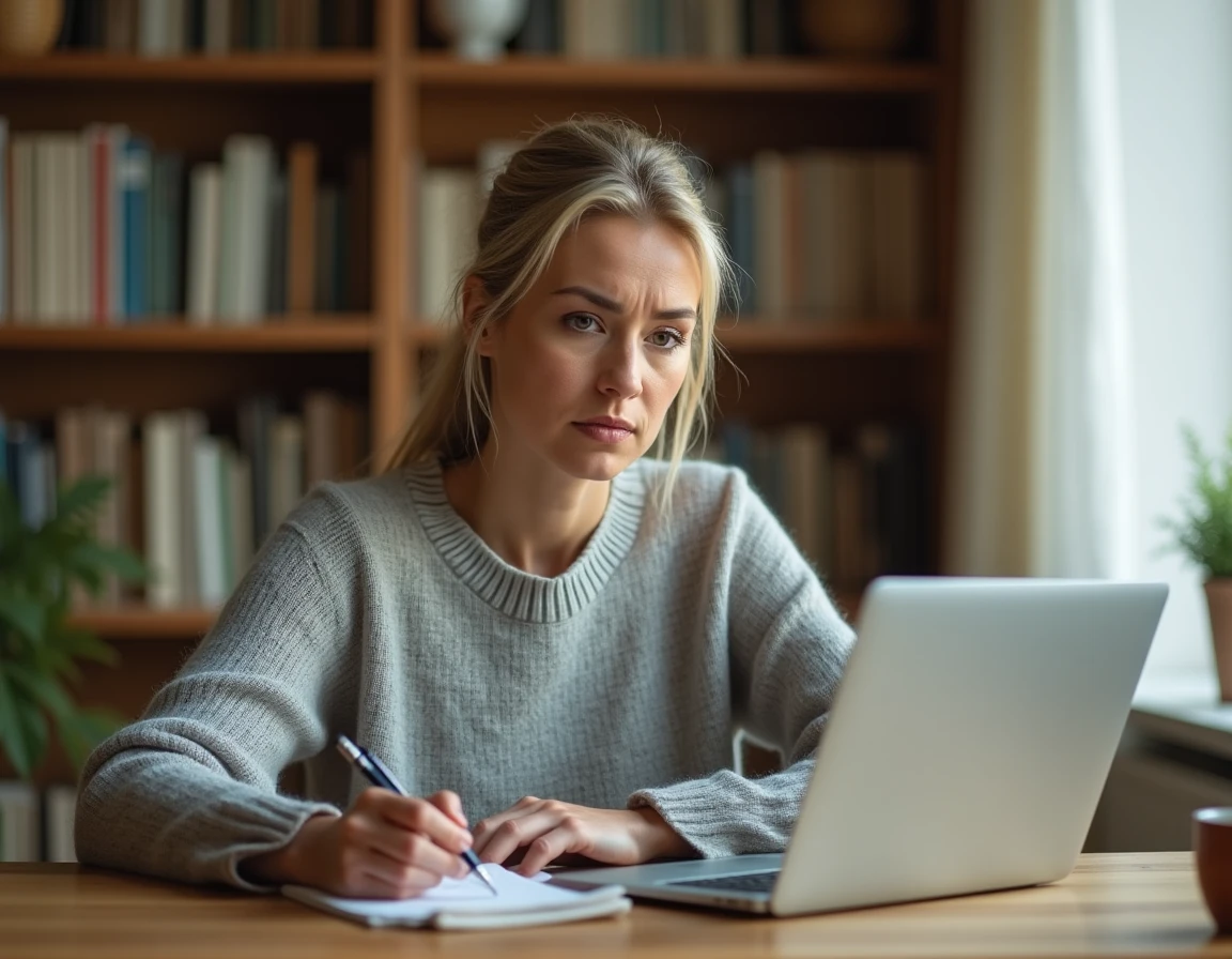 Femme cherchant son identifiant Société Générale sur son ordinateur portable à domicile