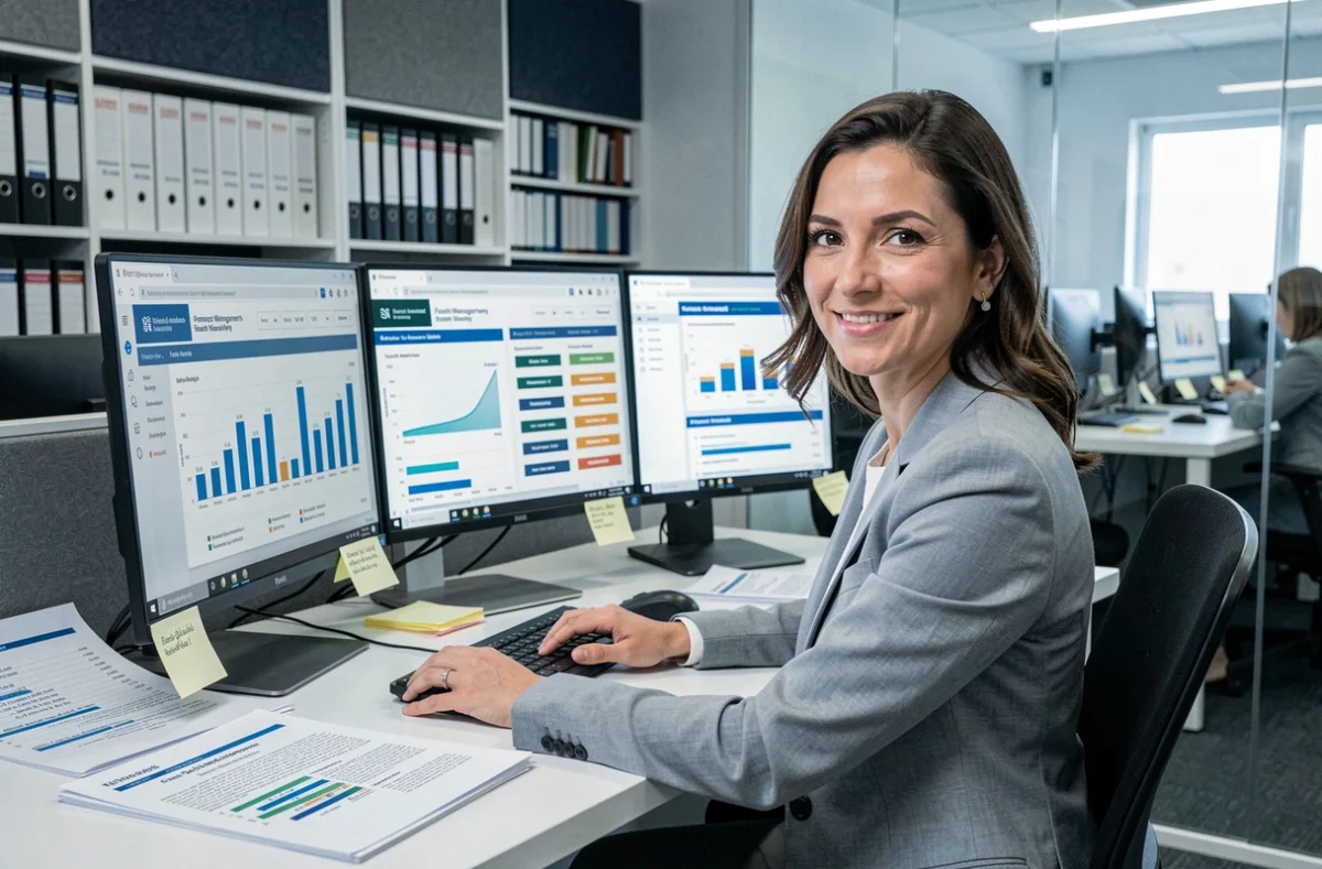 Analyste financière de Rivaria Capital étudiant un classement comparatif de cabinets de gestion de patrimoine sur un double écran de travail