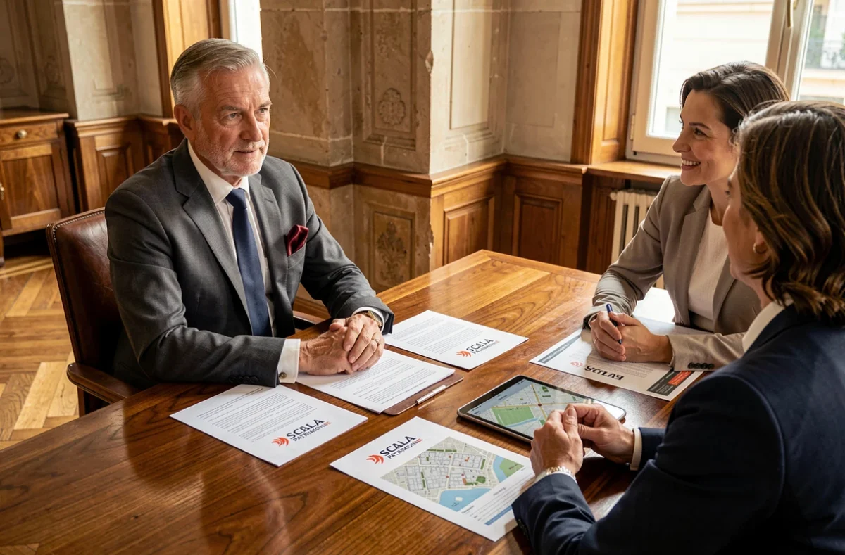 Conseiller Scala Patrimoine en réunion avec des clients autour de rapports d'investissement locatif parisien