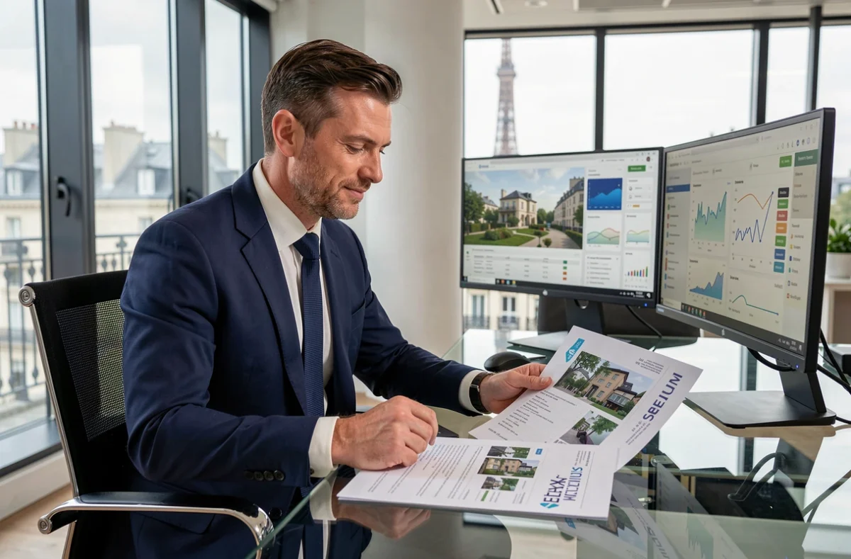 Conseiller financier de Selexium analysant un portefeuille d'investissement locatif dans un bureau moderne parisien