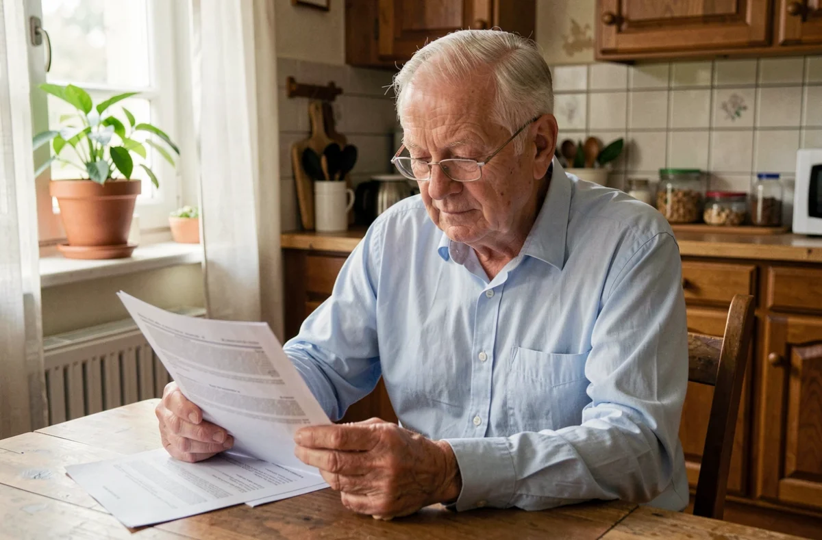 Homme âgé de plus de 80 ans examinant des documents d'assurance emprunteur à une table de cuisine en bois