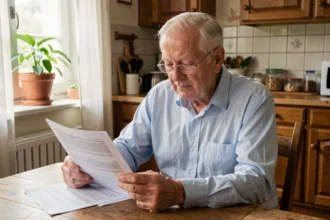 Homme âgé de plus de 80 ans examinant des documents d'assurance emprunteur à une table de cuisine en bois