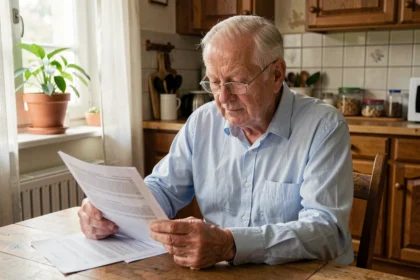 Homme âgé de plus de 80 ans examinant des documents d'assurance emprunteur à une table de cuisine en bois