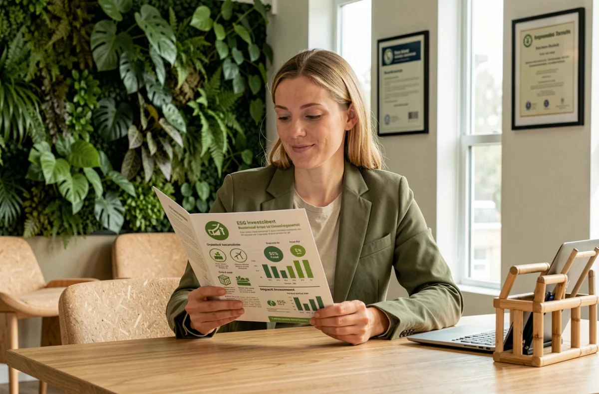 Conseillère en placements responsables de Séries Conseil présentant un portefeuille d'investissement éthique dans un bureau au design écologique