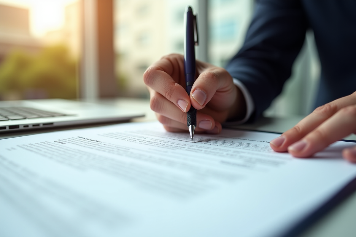 Main signant un contrat financier sur un bureau lumineux