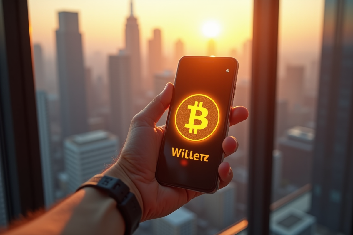 Main tenant un smartphone avec portefeuille Bitcoin devant la ville