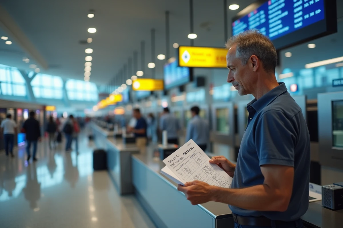 Voyageur comparant le taux de change franc pacifique euro au guichet de change d'un aéroport international
