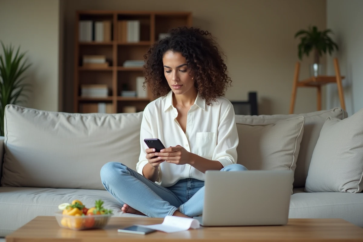 Femme télétravaillant depuis son salon vérifiant les règles fiscales pour les frais de repas 2026