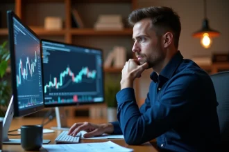 Trader homme analysant un pattern double bottom sur des graphiques boursiers dans un bureau à domicile moderne