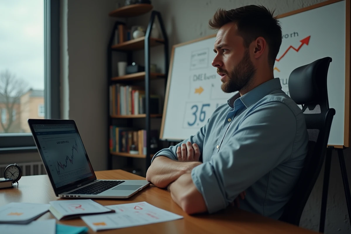 Trader débutant stressé face à une perte sur son portfolio de cryptomonnaies dans un bureau privé avec tableau de notes