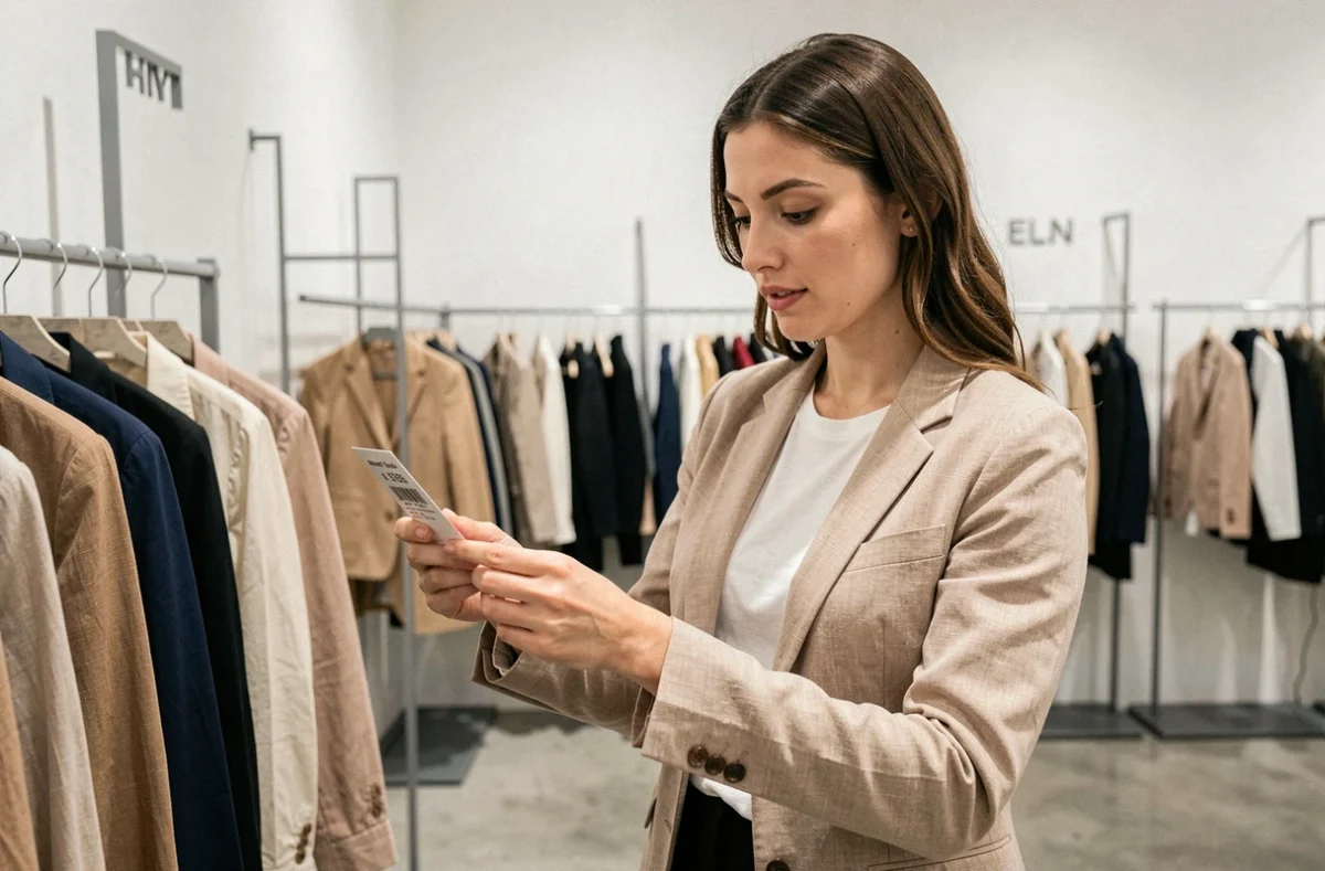 Femme parcourant les rayons d'une boutique de mode moderne avec une carte cadeau UpCadhoc
