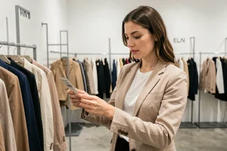 Femme parcourant les rayons d'une boutique de mode moderne avec une carte cadeau UpCadhoc