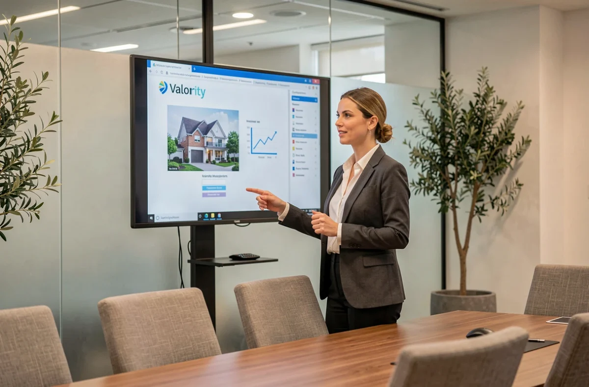 Consultante en gestion de patrimoine Valority présentant un plan d'investissement locatif sur écran interactif