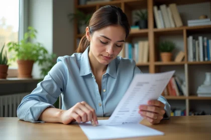 Femme vérifiant sa fiche de paie et les heures en centièmes à son bureau à domicile