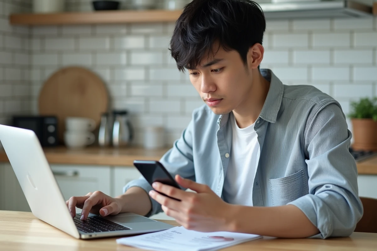 Personne vérifiant le calcul des heures centièmes de sa fiche de paie sur ordinateur et smartphone à la maison