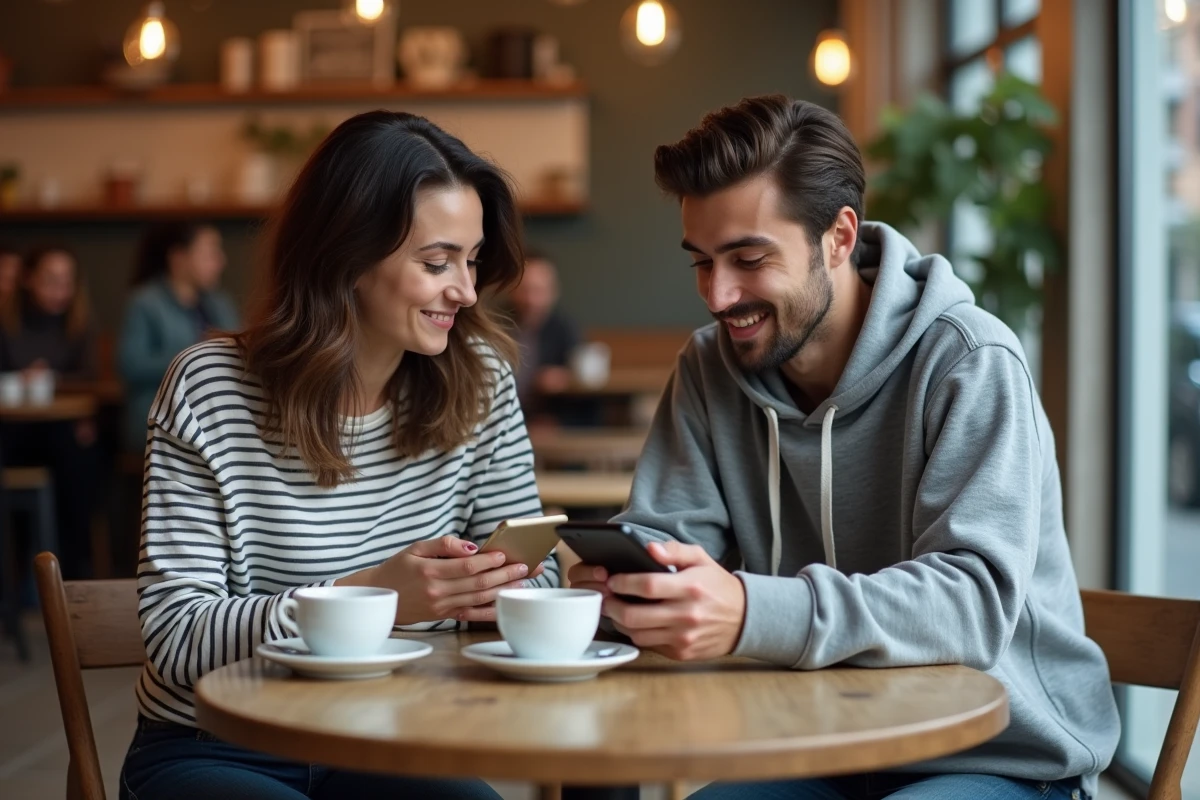 Deux amis effectuant un virement instantané entre particuliers via smartphone dans un café parisien