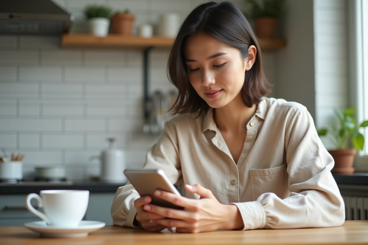 Femme utilisant une application de virement bancaire instantané sur son smartphone dans une cuisine parisienne