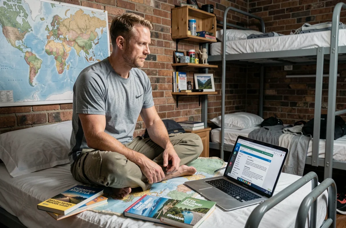 Voyageur planifiant son tour du monde avec une carte et une assurance voyage sur ordinateur portable dans un auberge de jeunesse